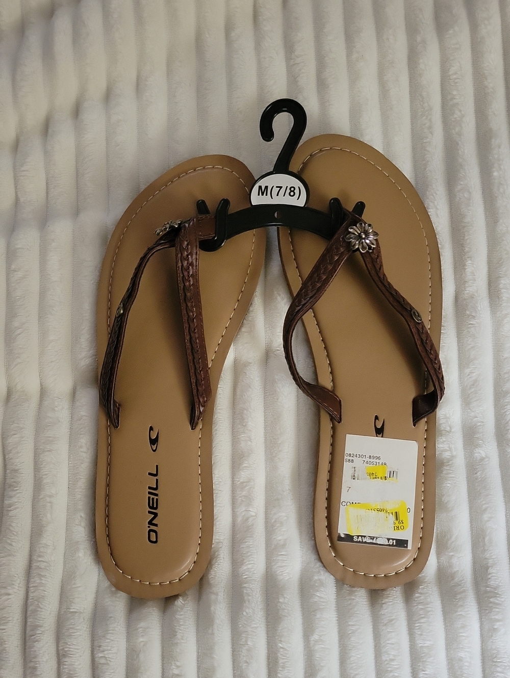 O'Neill Women's Tan and Brown Braided T-Strap Sandals with Floral Accent